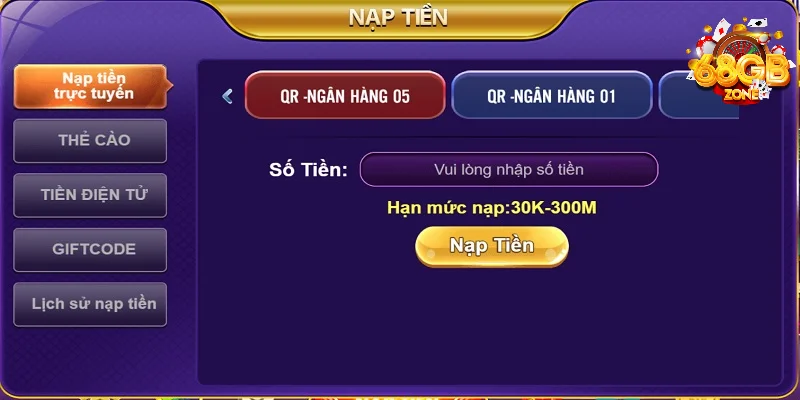 68 game bài cung cấp đa dạng các cách nạp tiền khác nhau