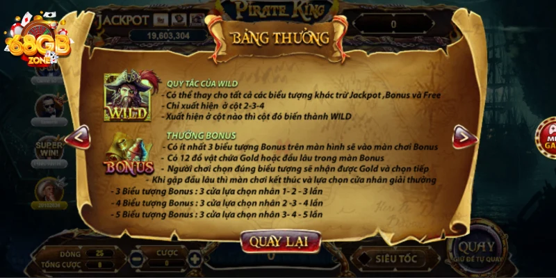 Bảng thưởng Wild và Bonus trong Pirate King 68 game bài